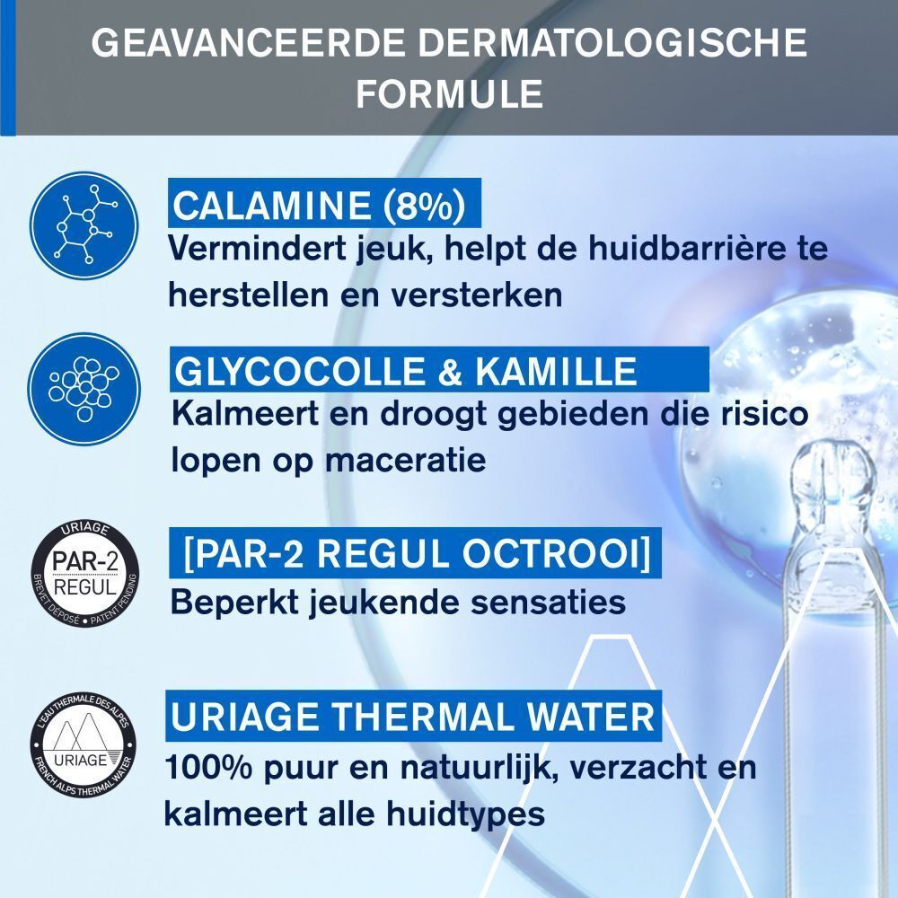 Ingrediënten van Uriage Pruriced Gel Frais Apaisant: Calamine, Glycocoll, Kamille.