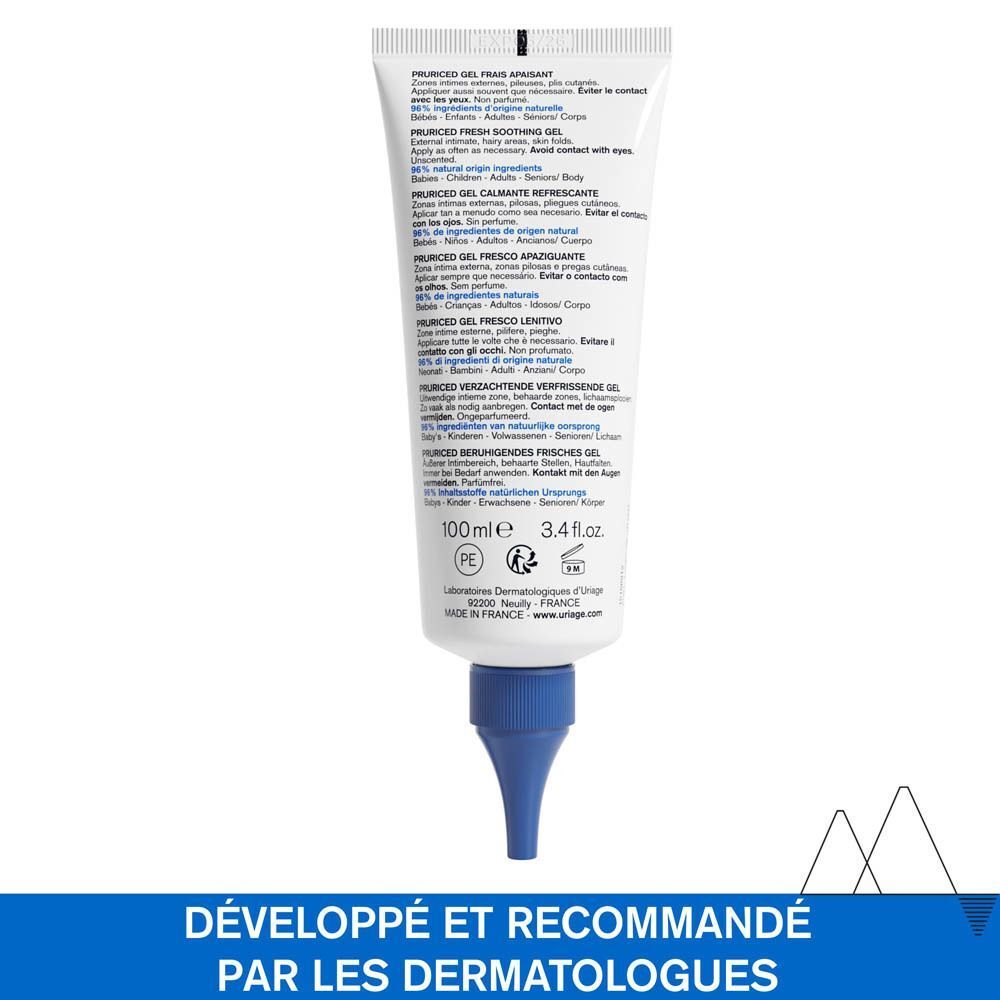 Arrière d'un tube de Gel Frais Apaisant Uriage Pruriced indiquant 100ml.