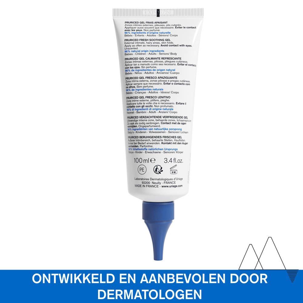 Achterkant van een tube Uriage Pruriced Gel Frais Apaisant met 100ml vermelding.