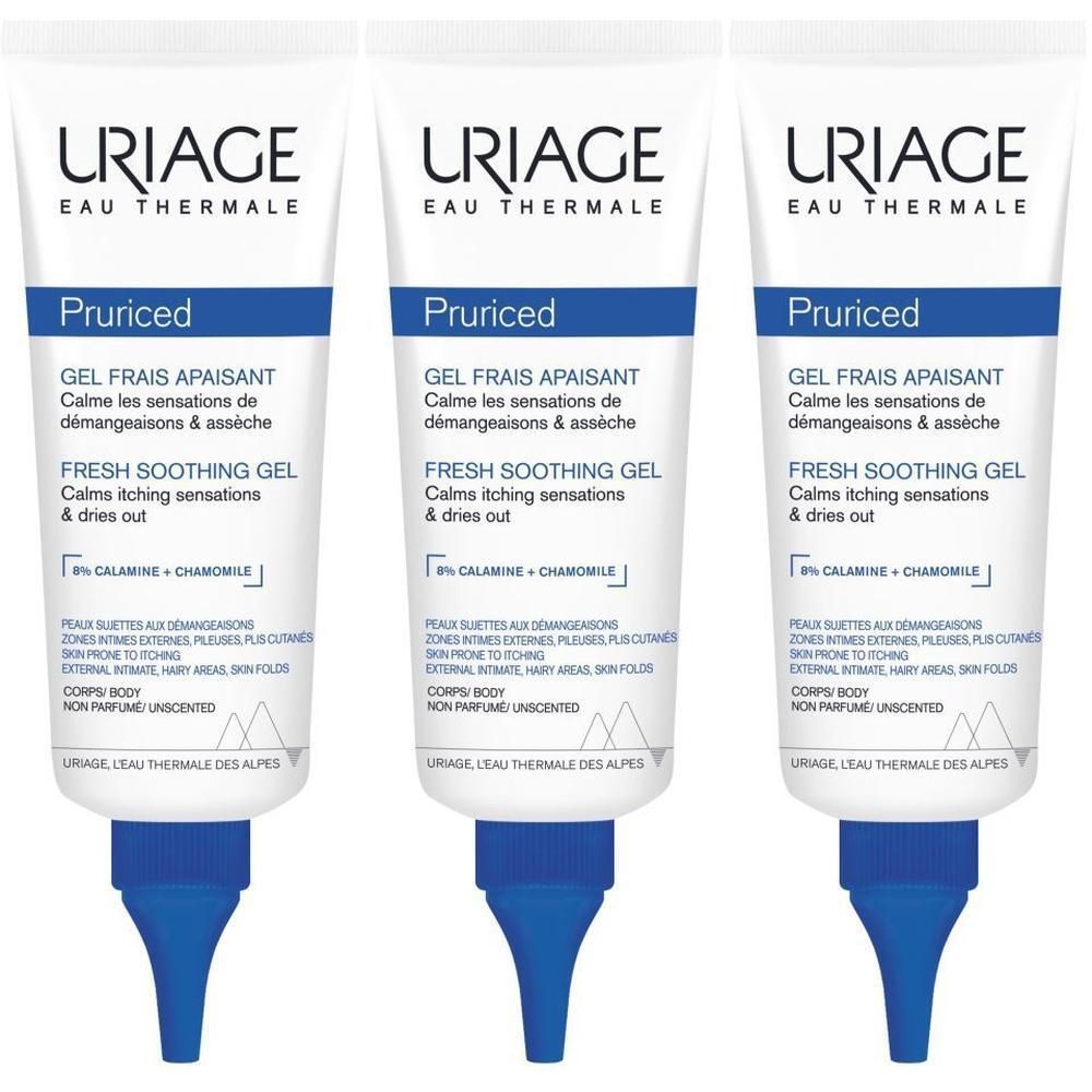 Trois tubes de Uriage Pruriced Gel Frais Apaisant avec applicateur bleu.