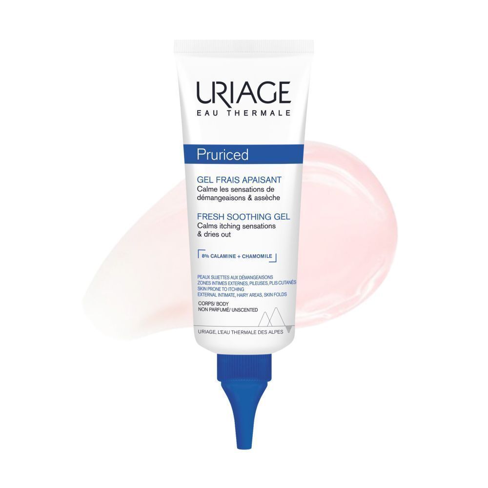 Un tube de Uriage Pruriced Gel Frais Apaisant avec applicateur bleu sur fond rose.