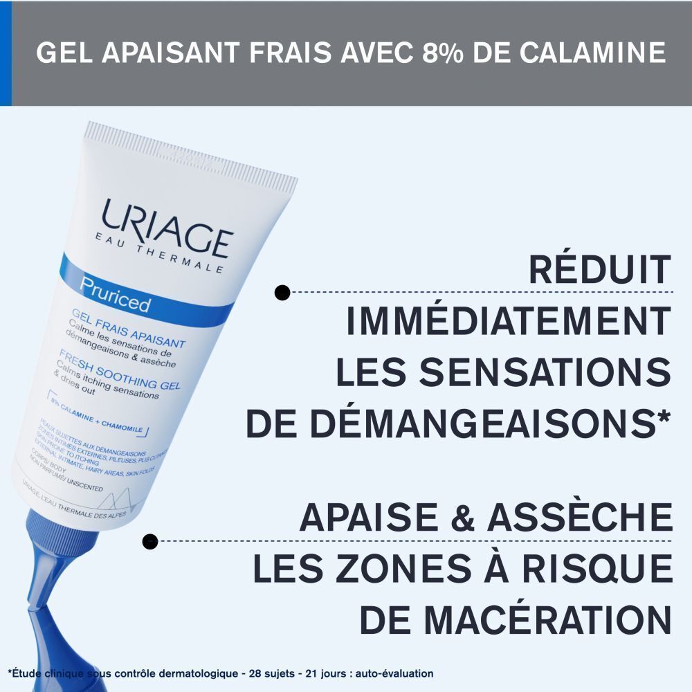 Tube Uriage Pruriced Gel Frais Apaisant avec texte sur le soulagement des démangeaisons.