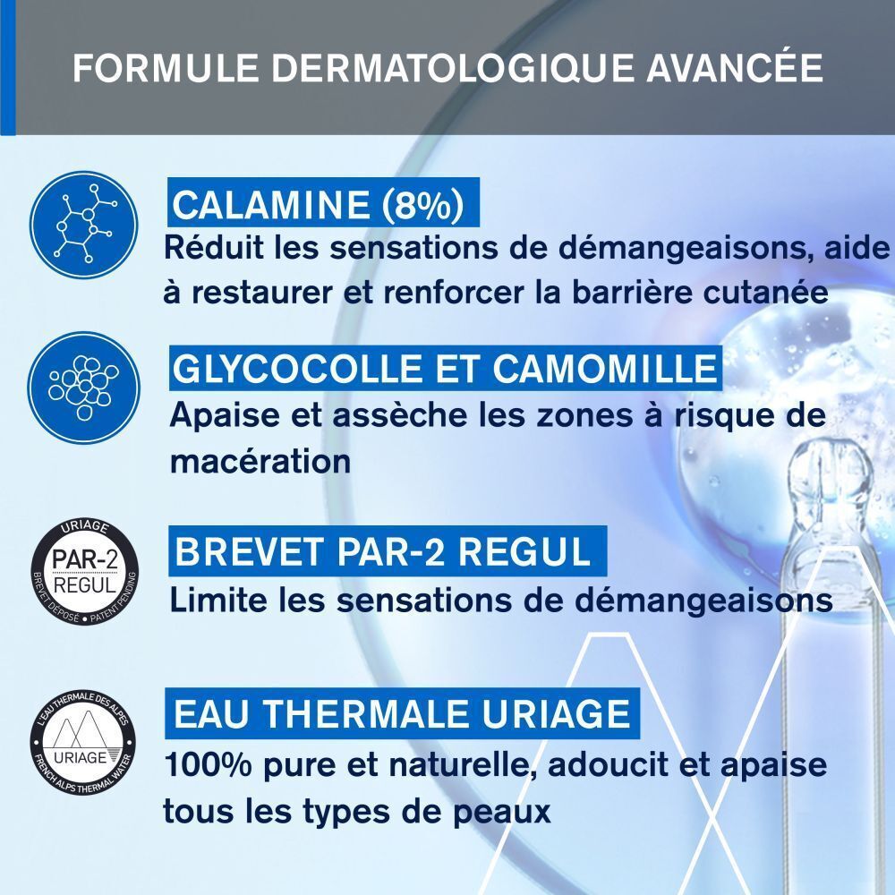 Ingrédients de Uriage Pruriced Gel Frais Apaisant : Calamine, Glycocolle, Camomille, Eau Thermale.