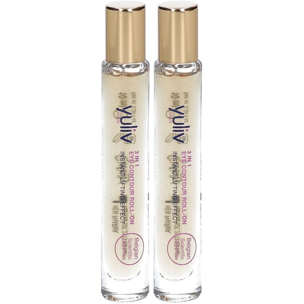 Twee Yuliv 3-in-1 oogcontour roll-ons met gouden dopjes. Elke fles bevat 10 ml.