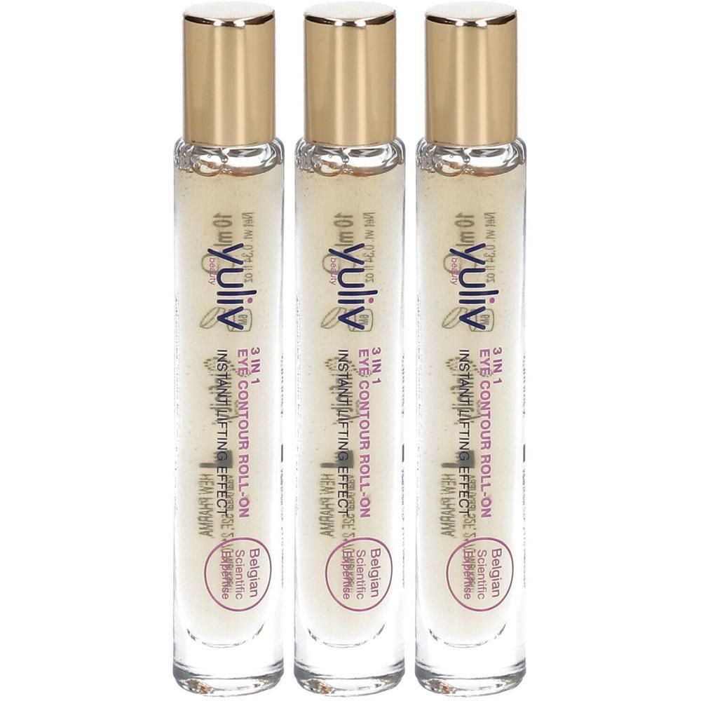 Trois roll-ons contour des yeux Yuliv 3-en-1 avec bouchons dorés. Chaque flacon contient 10 ml.