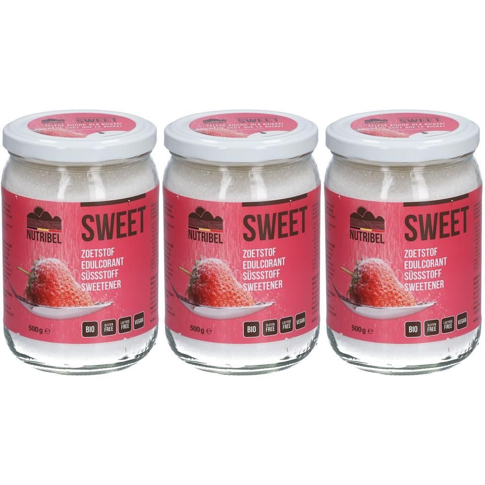Drie potten Nutribel Sweet zoetstof met aardbeienafbeelding en bio-keurmerk.