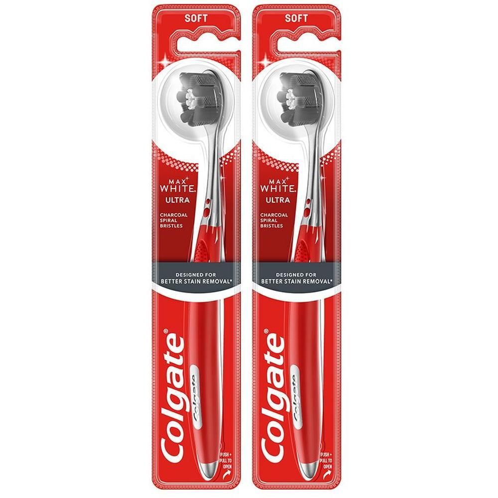 Twee Colgate Max White Ultra tandenborstels, Soft, rood, met zwarte borstelharen.