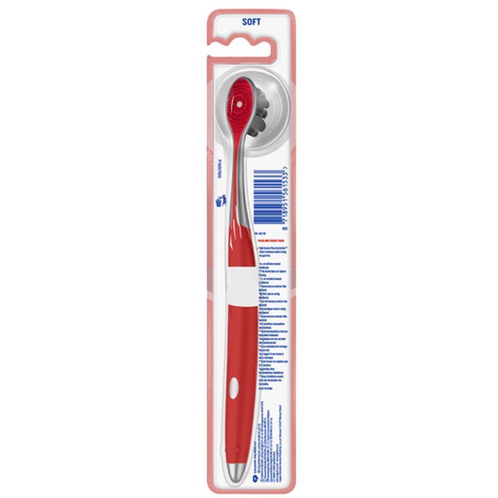 Brosse à dents Colgate Max White Ultra, Soft, rouge, avec poils noirs, vue arrière.