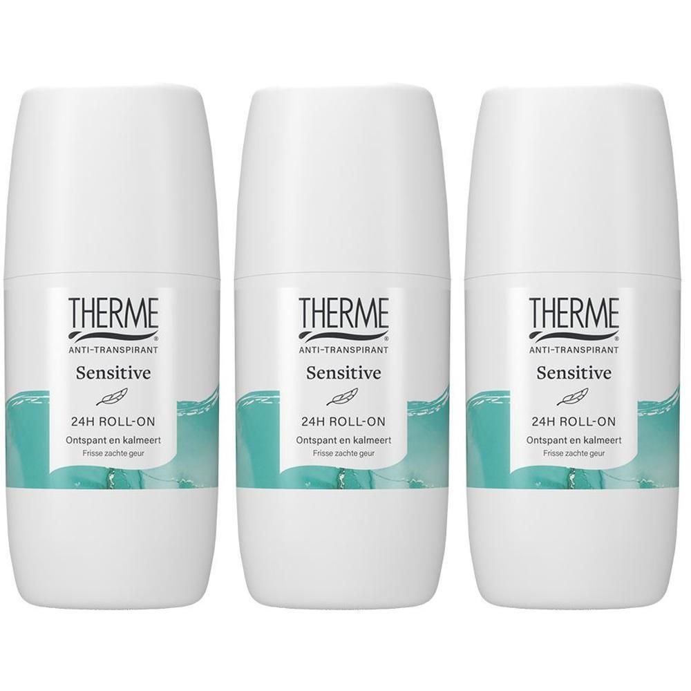Drie THERME Sensitive 24H roll-on anti-transpirant flacons.