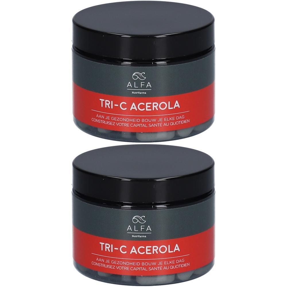 Deux pots de compléments alimentaires Alfa Tri-C Acerola. Des gélules grises sont visibles.