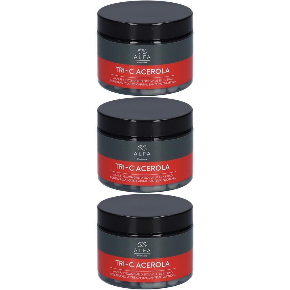 Drie potten Alfa Tri-C Acerola, zwarte deksels, rode en grijze etiketten.