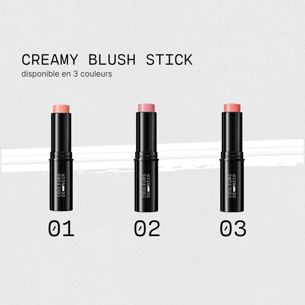 Trois sticks de blush crémeux : 01 pêche, 02 rose doux, 03 rose brûlé.