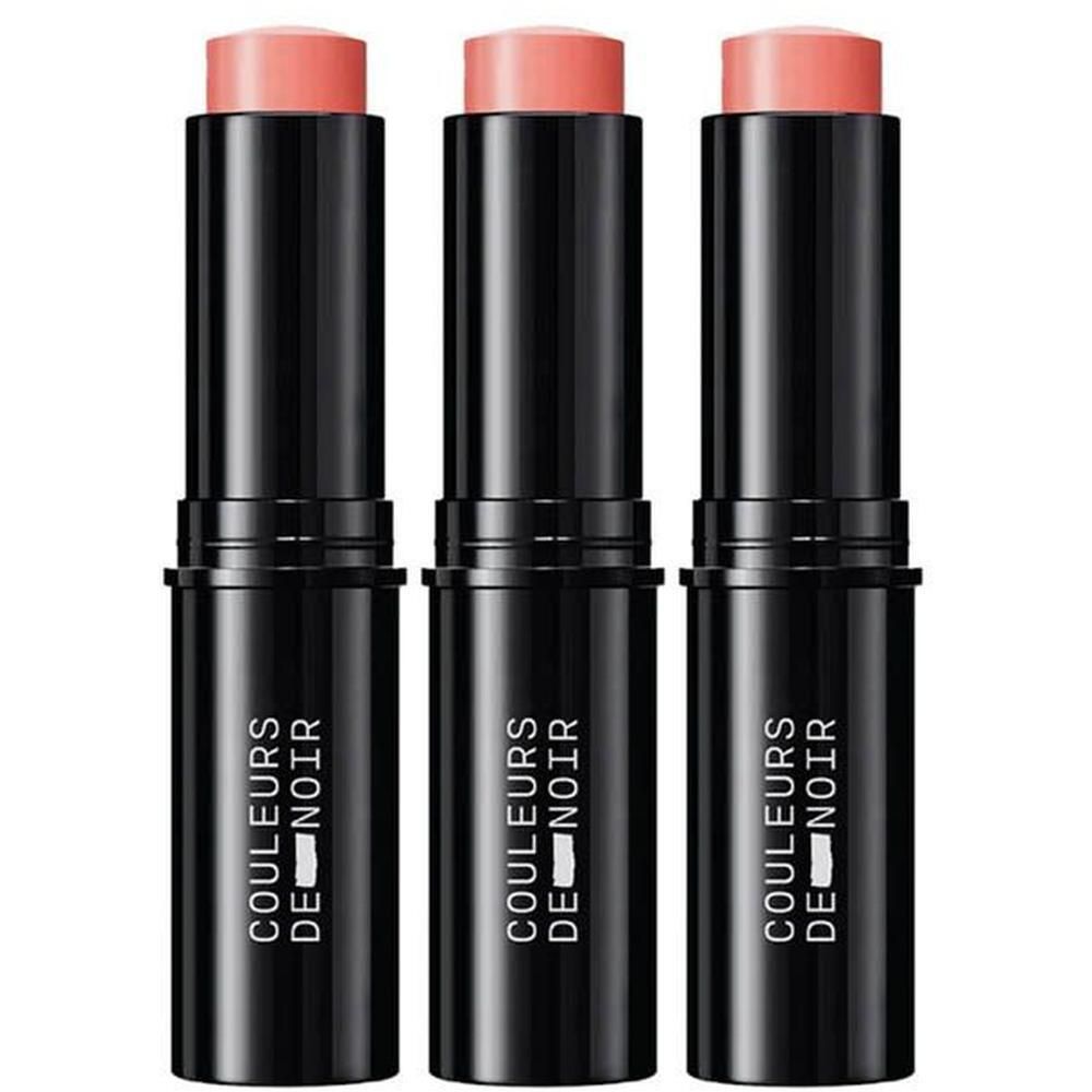 Drie COULEURS DE NOIR Creamy Blush Sticks in perzik- en roze tinten.