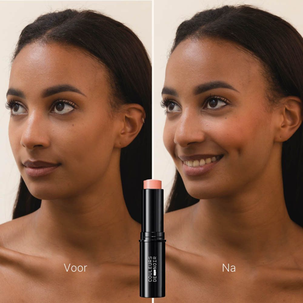 Voor/na vergelijking met de COULEURS DE NOIR Creamy Blush Stick 02 Soft Pink.