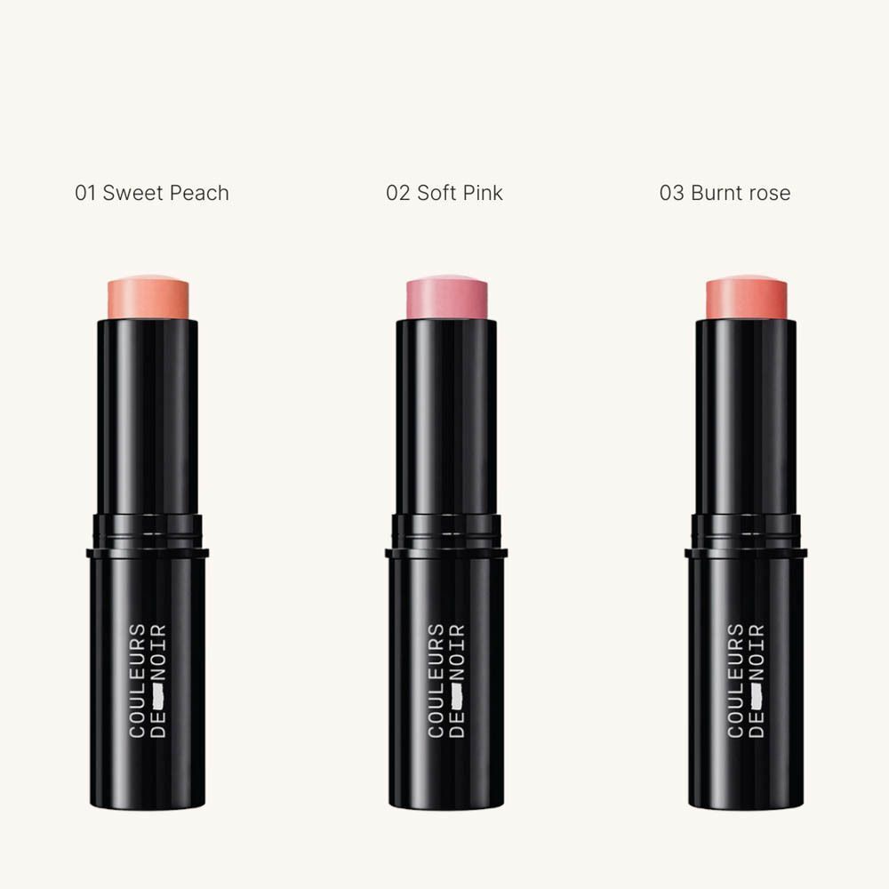 Drie COULEURS DE NOIR Creamy Blush Sticks: 01 Sweet Peach, 02 Soft Pink, 03 Burnt Rose.