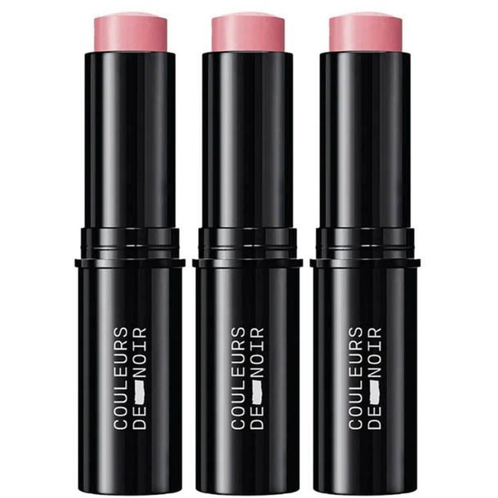 Drie zwarte sticks met roze blushpunten, merk 'Couleurs de Noir'.