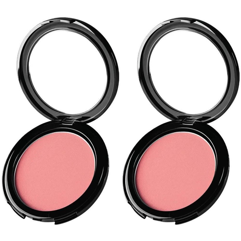 Twee open compact blush doosjes met roze poeder.