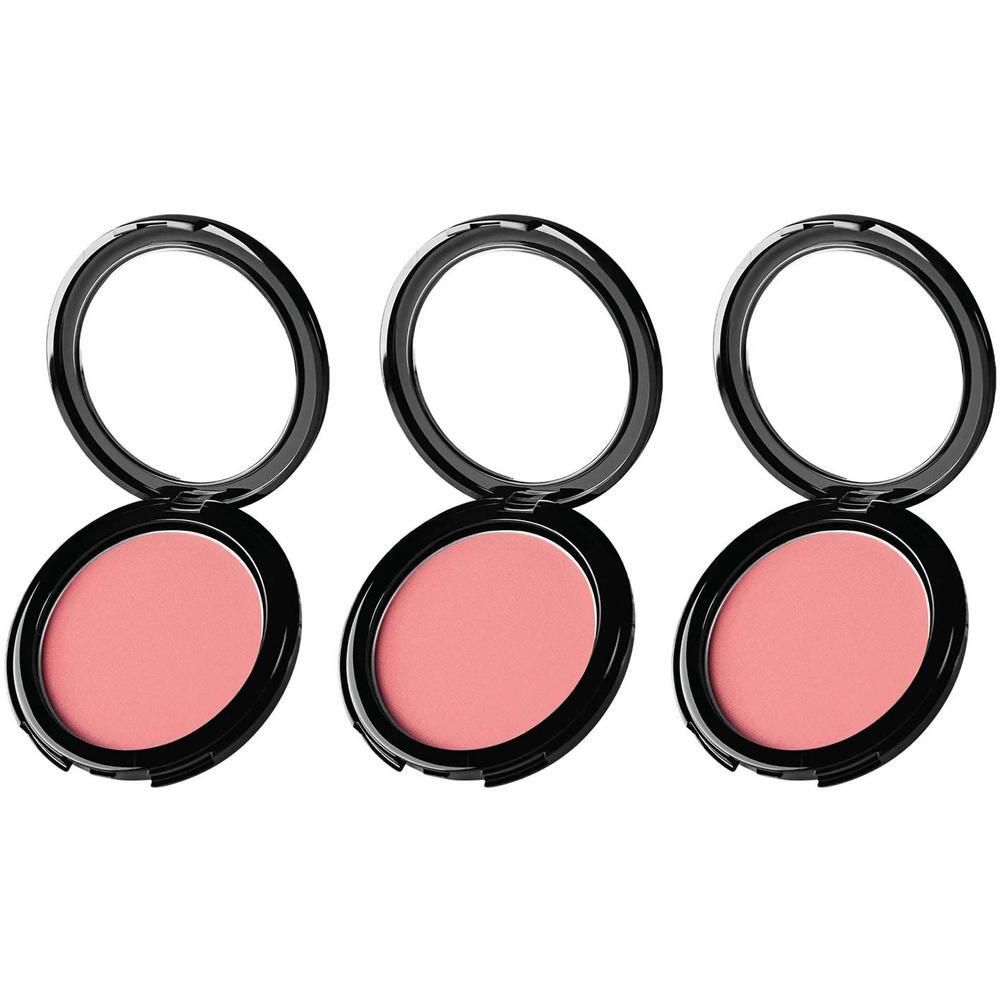 Trois boîtiers de blush compact ouverts avec miroir, couleur rose.