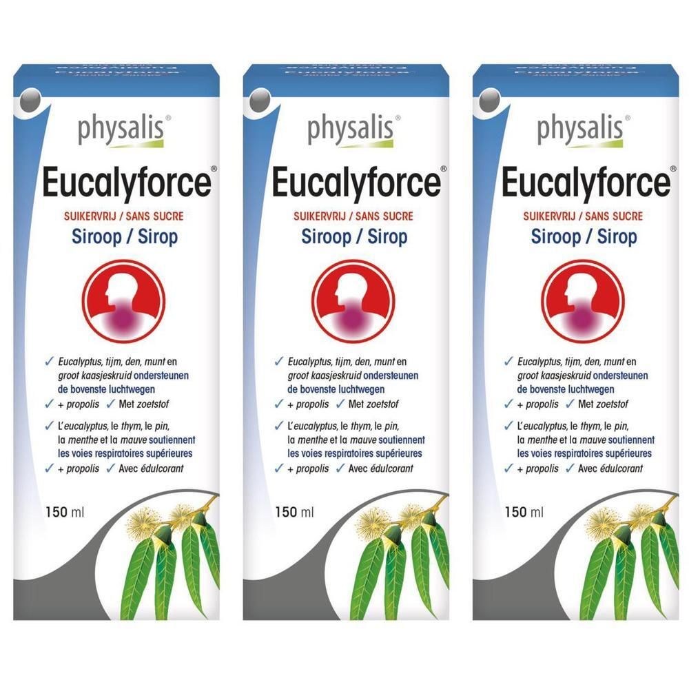 Trois emballages de sirop Eucalyforce sans sucre Physalis. 150 ml.