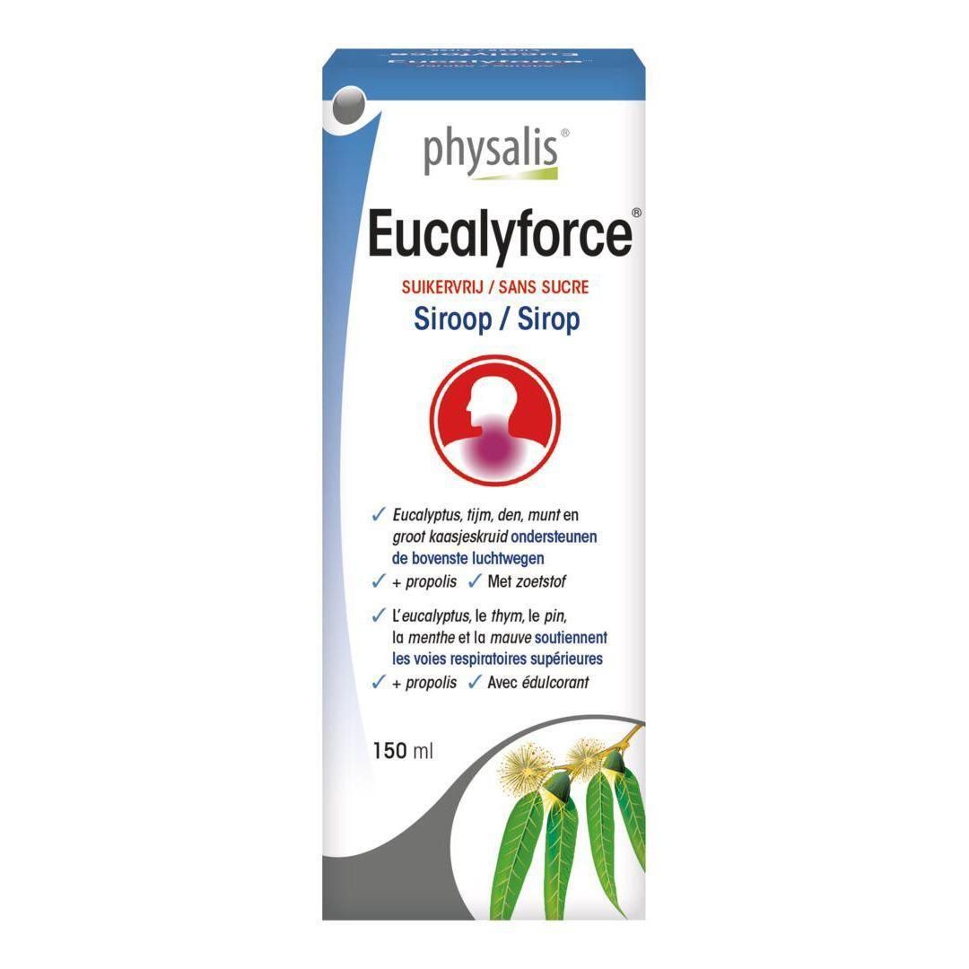Physalis Eucalyforce Siroop zonder suiker. Fles van 150 ml met eucalyptusafbeelding.