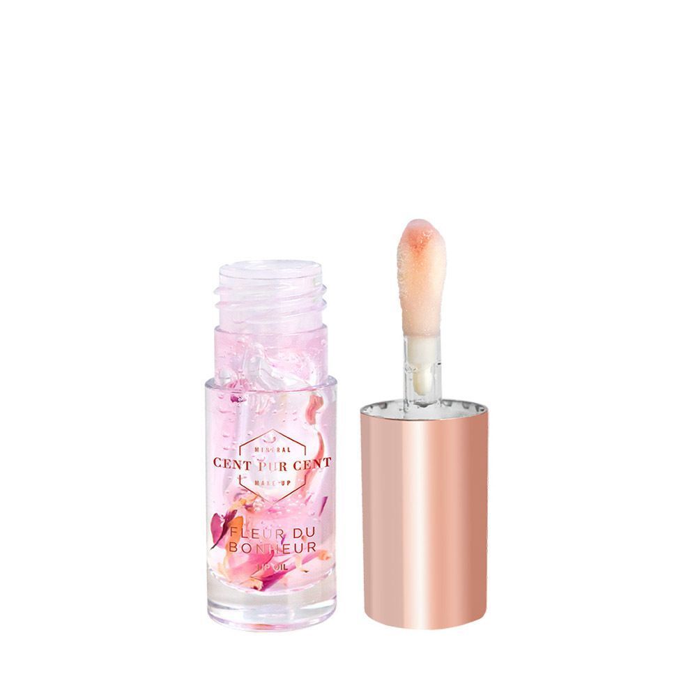 Huile à Lèvres Cent Pur Cent Fleur du Bonheur Violette ouverte avec applicateur.