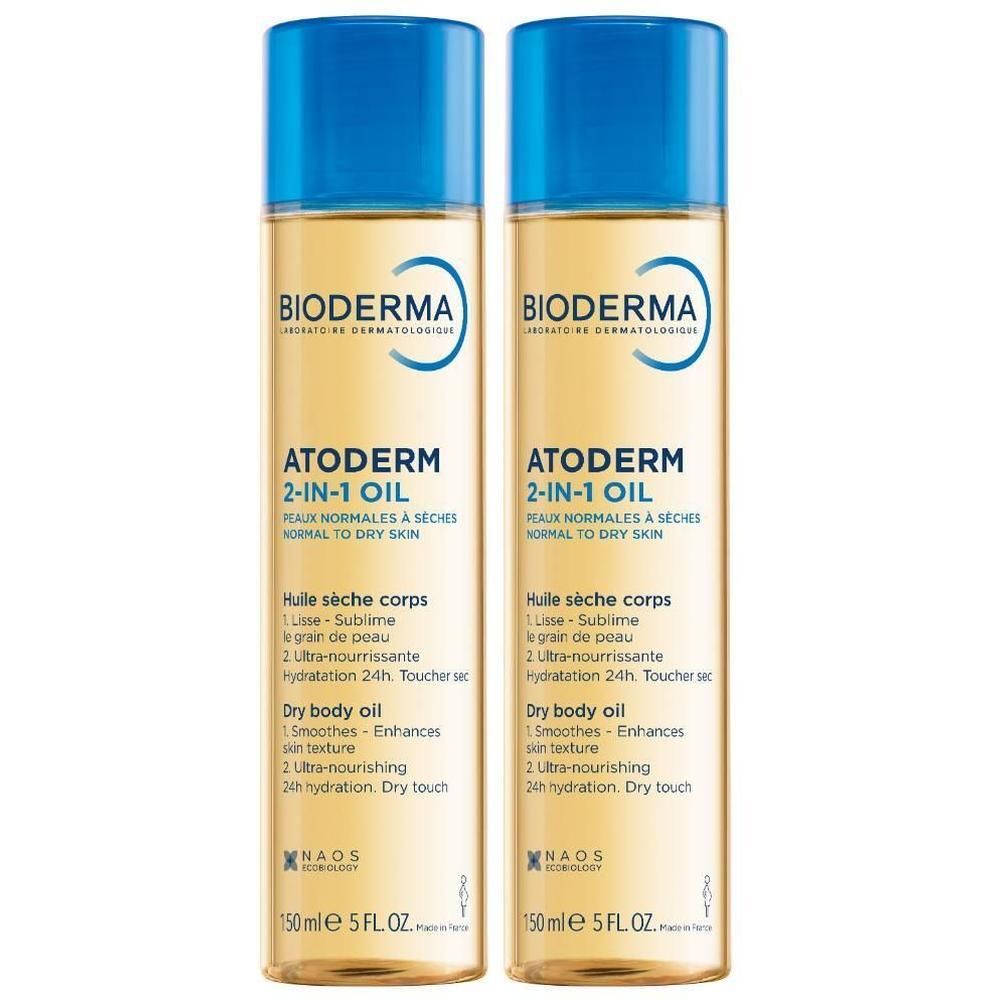 Twee flacons Bioderma Atoderm 2-in-1 Olie, 150ml.