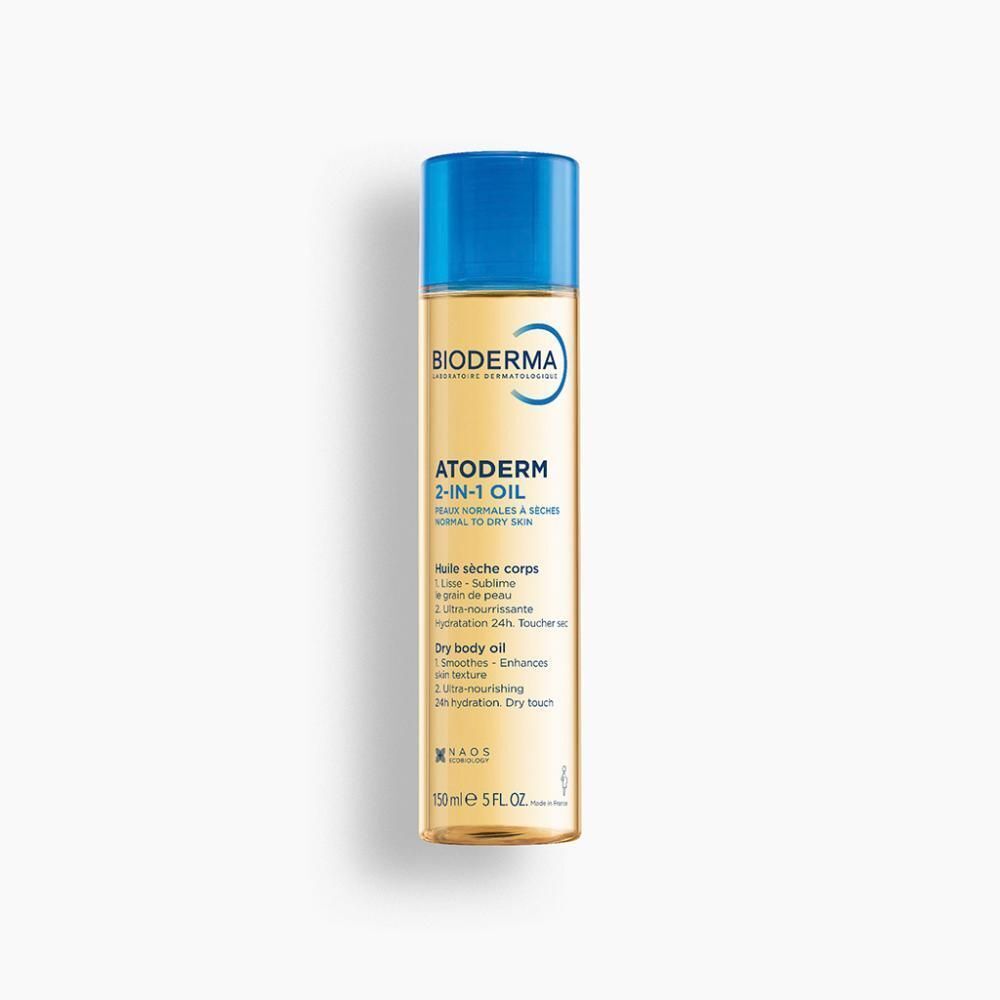 Eén flacon Bioderma Atoderm 2-in-1 Olie op witte achtergrond, 150ml.