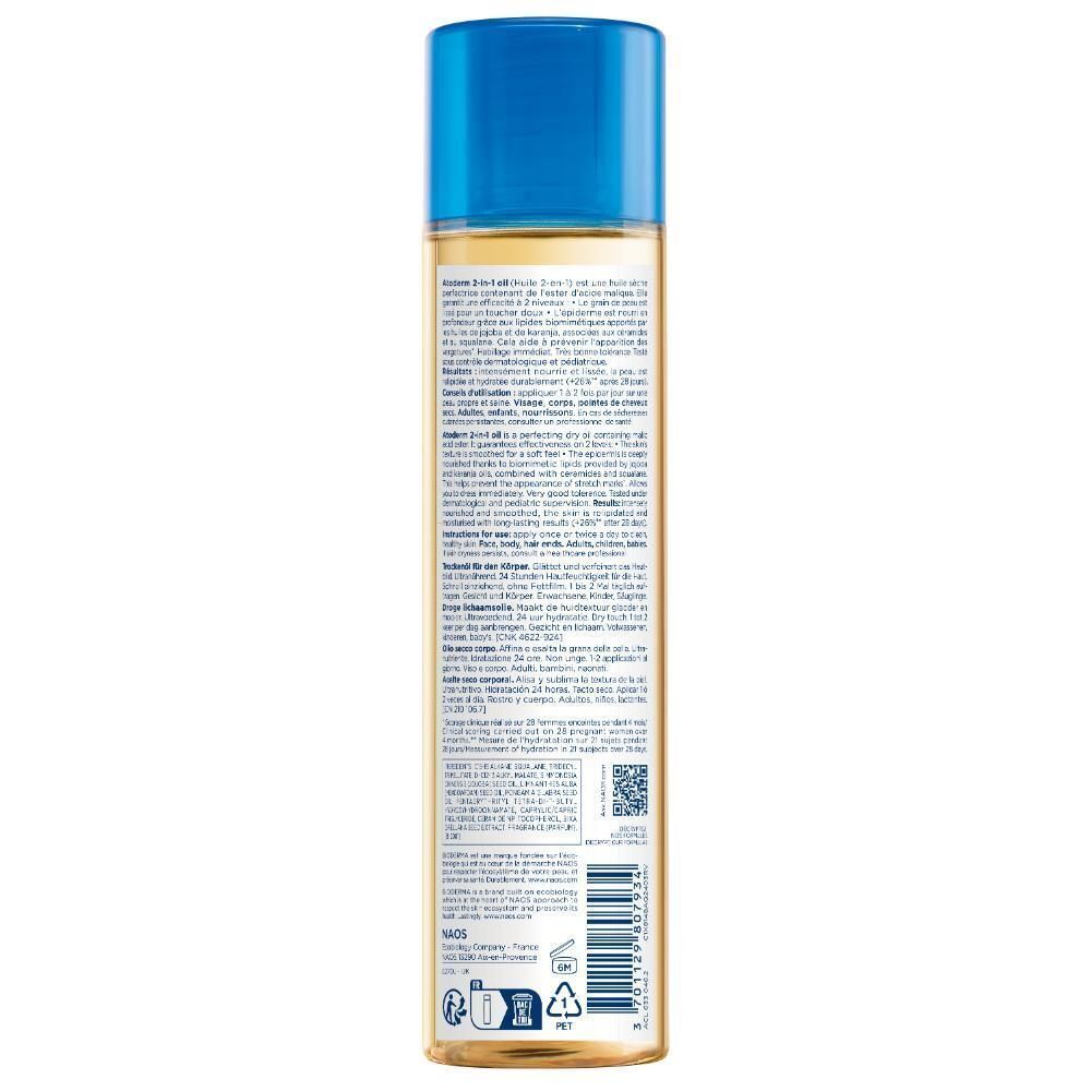Achterkant van een flacon Bioderma Atoderm 2-in-1 Olie met productinformatie.
