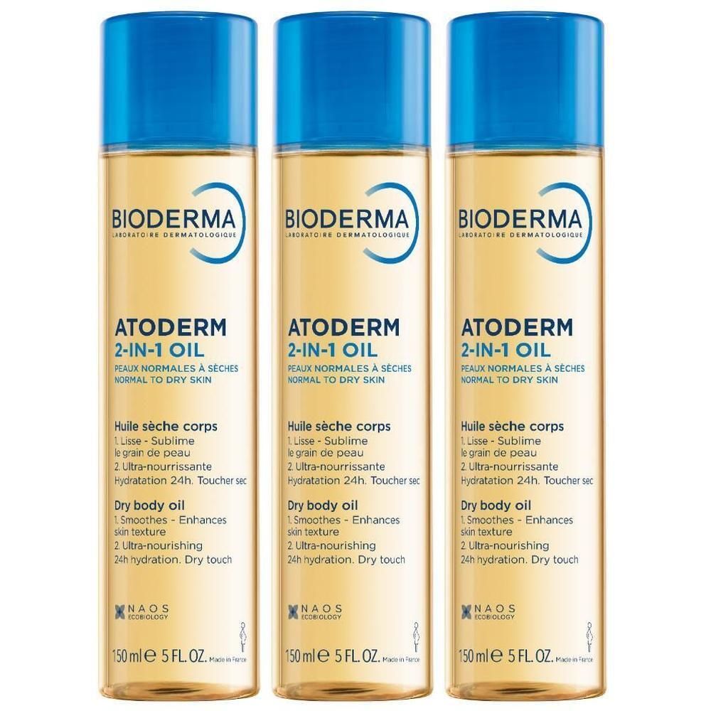 Trois flacons d'huile 2-en-1 Bioderma Atoderm, huile corporelle pour peau sèche.