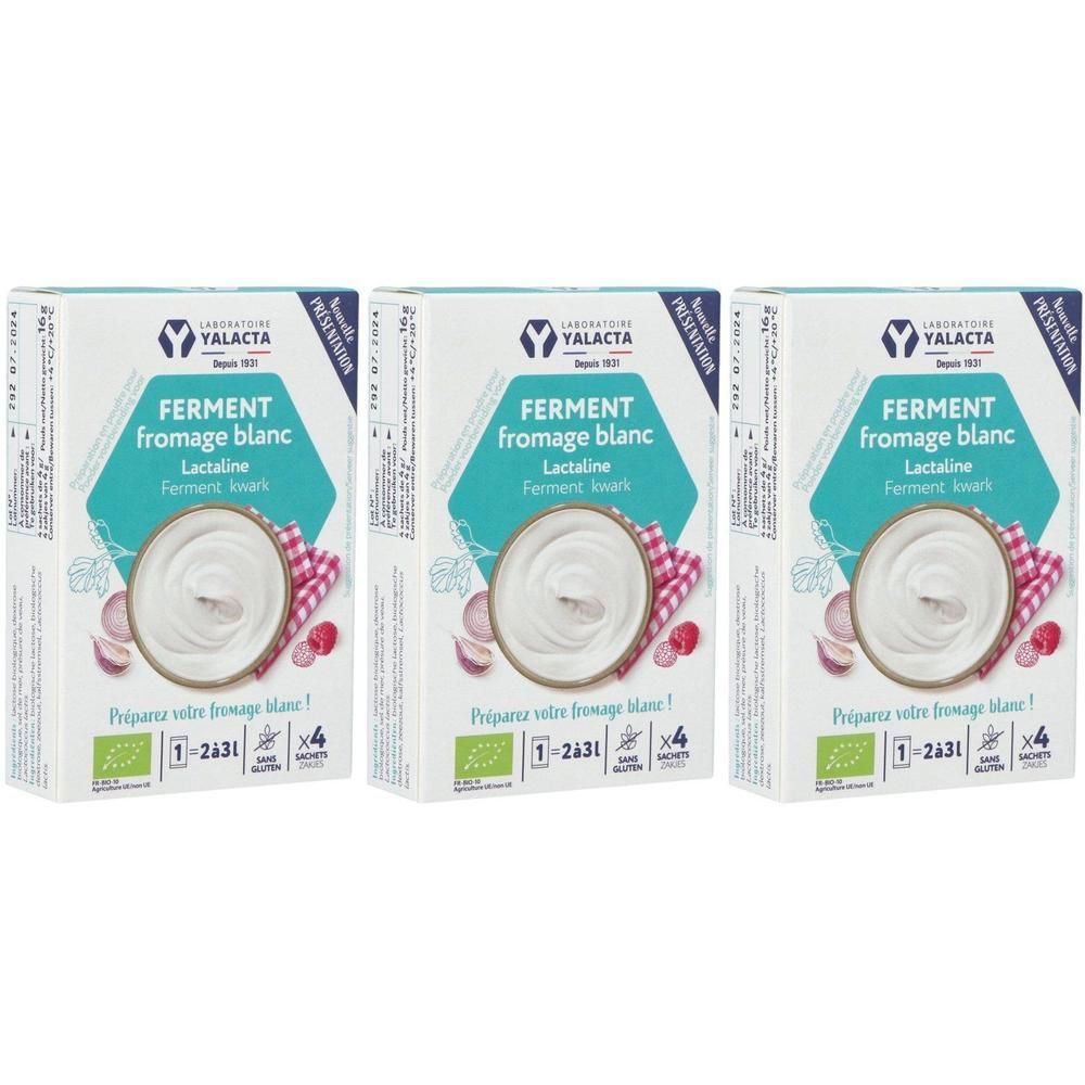Trois boîtes de Ferment pour fromage blanc Yalacta. Chaque boîte contient 4 sachets.