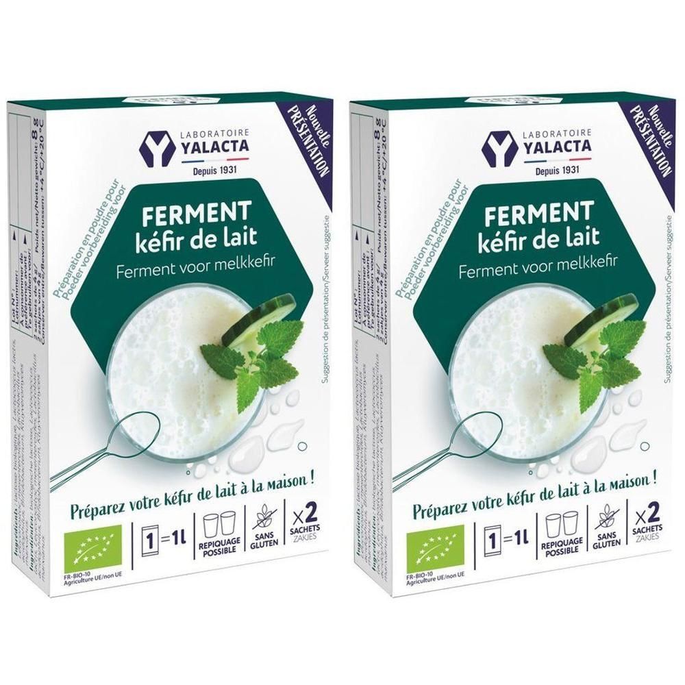 Deux boîtes de préparation en poudre pour kéfir de lait Yalacta. Contient 2 sachets pour 1L. Sans gluten.