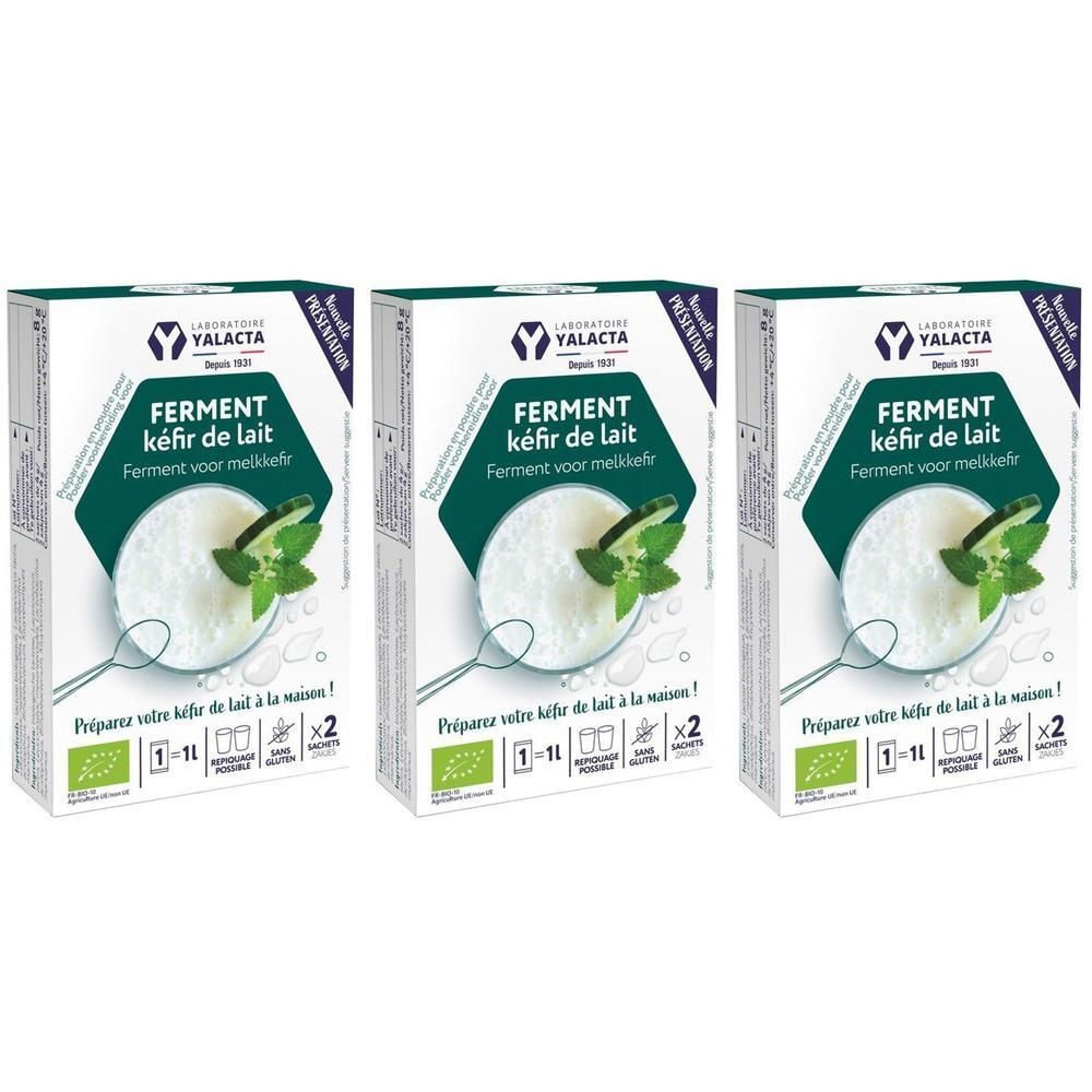 Trois boîtes de Ferment Kéfir de Lait Yalacta. Chaque boîte contient 2 sachets pour préparer 1L de kéfir.