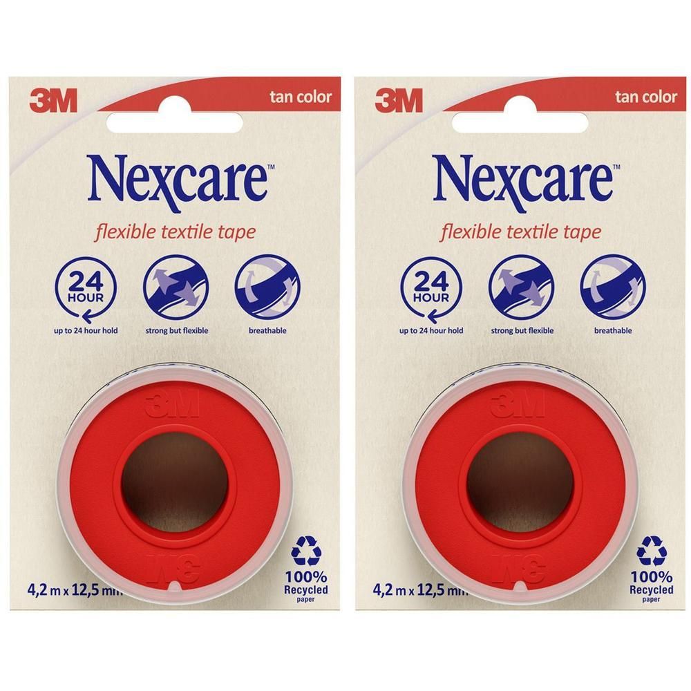 Twee pakken Nexcare flexibel textiel verband, huidskleur, 4,2 m x 12,5 mm.