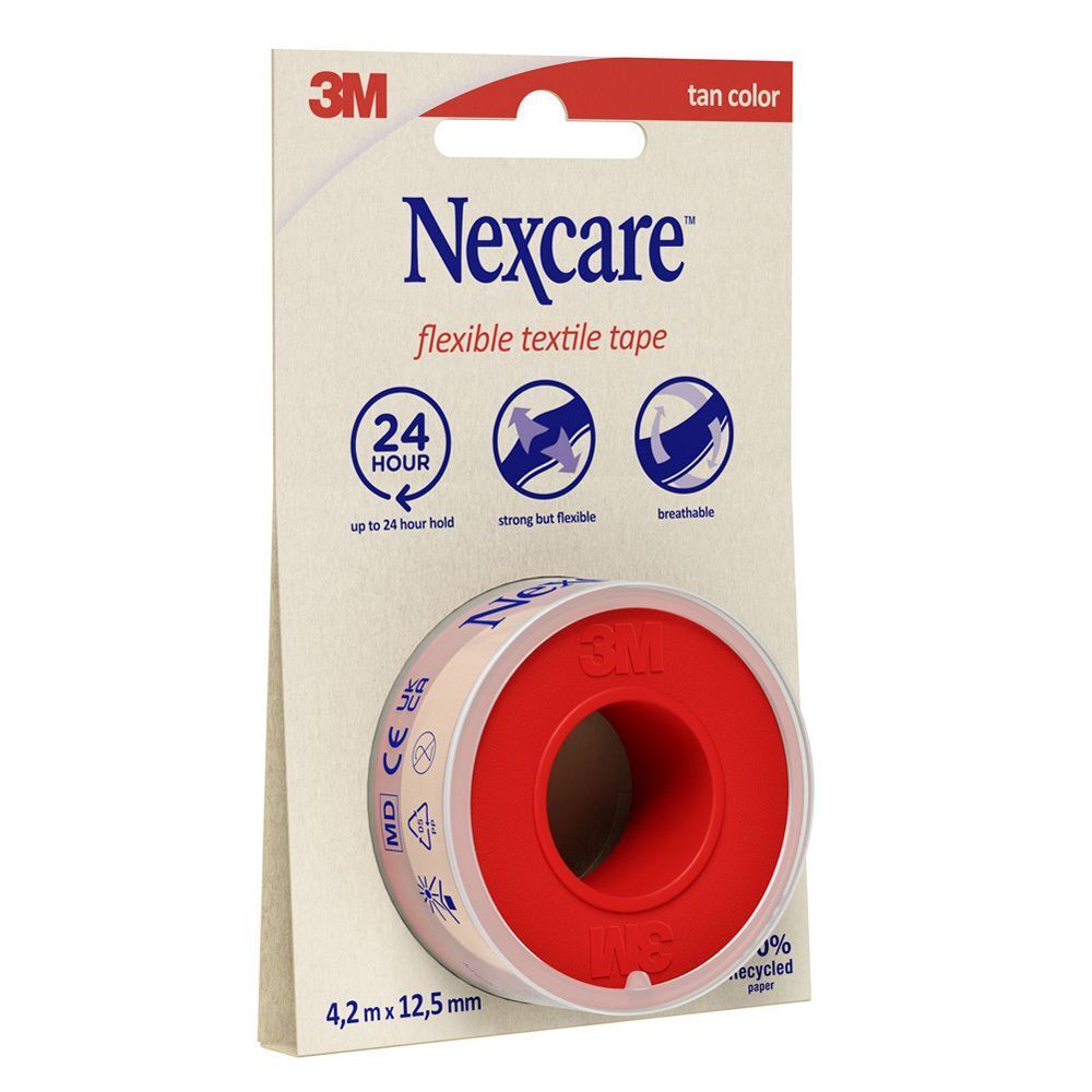 Emballage de ruban textile flexible Nexcare, couleur chair, 4,2 m x 12,5 mm, avec symboles pour tenue 24h, résistant et flexible, respirant.