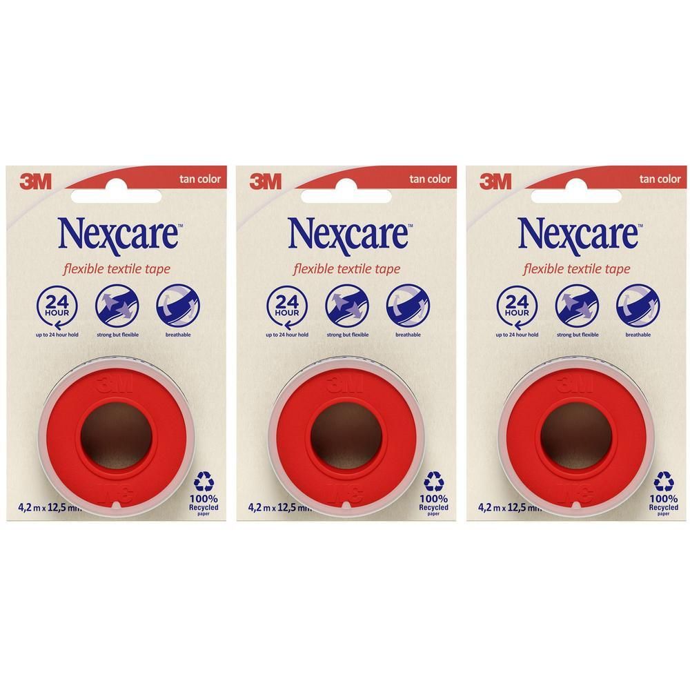 Drie pakken Nexcare flexibel textielverband in beige.