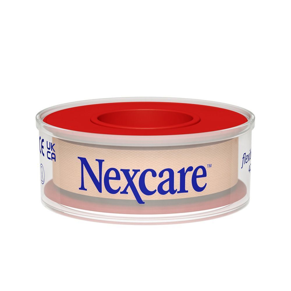 Nexcare ruban textile flexible beige dans un distributeur rond transparent.