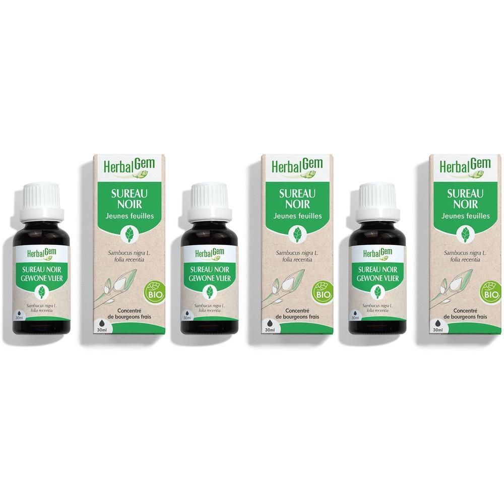 Vier flessen en dozen van HerbalGem Sureau Noir Bio, zwarte vlier concentraat.
