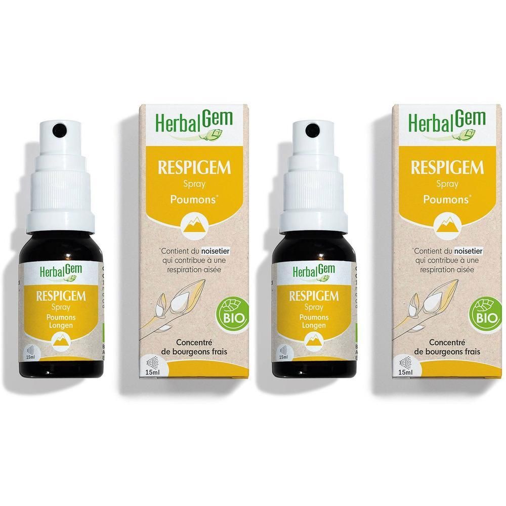 Twee verpakkingen en twee sprayflacons HerbalGem Respigem Bio.