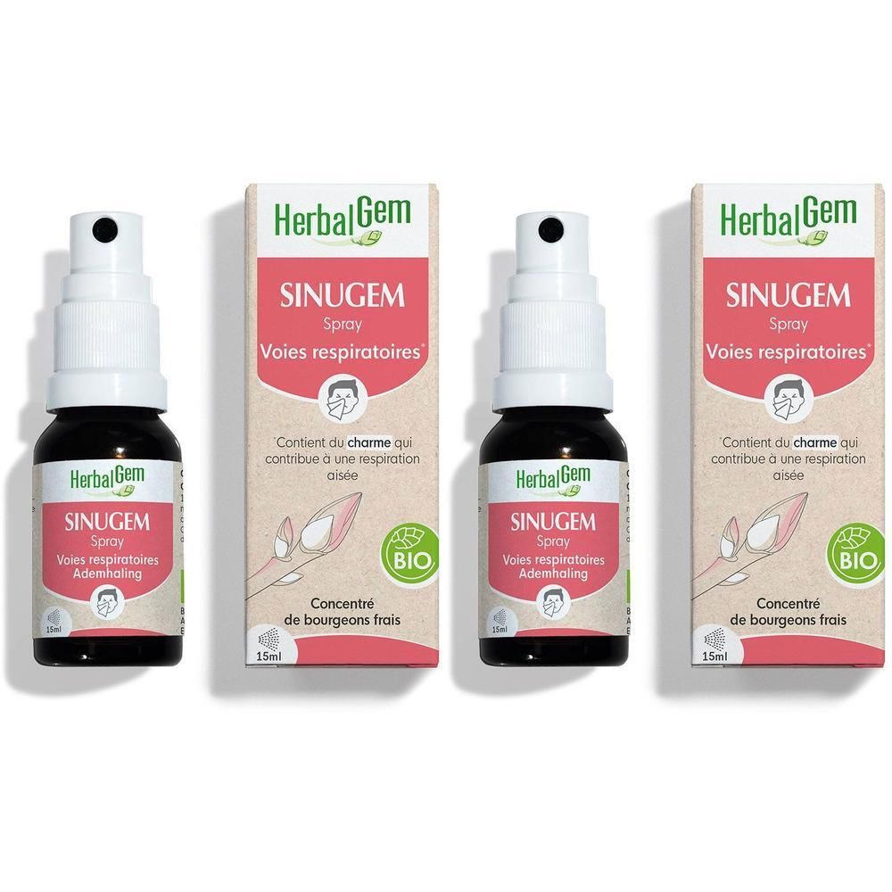 Deux flacons de spray Sinugem HerbalGem pour les voies respiratoires, 15ml.