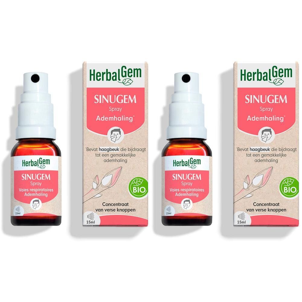 Twee flacons HerbalGem Sinugem Spray voor de luchtwegen, 15ml.