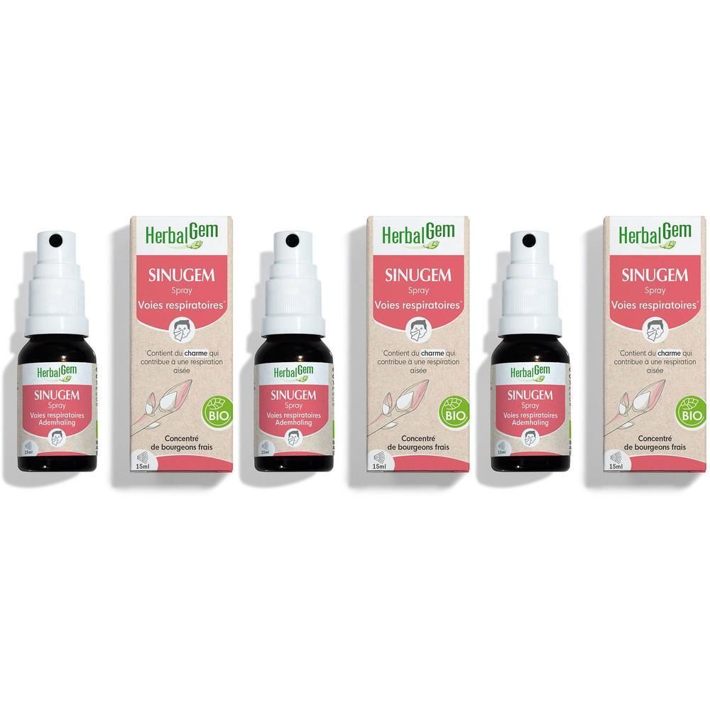 Cinq flacons de spray Sinugem HerbalGem pour les voies respiratoires.