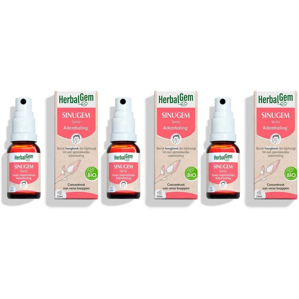 Vijf flacons HerbalGem Sinugem spray voor de luchtwegen.