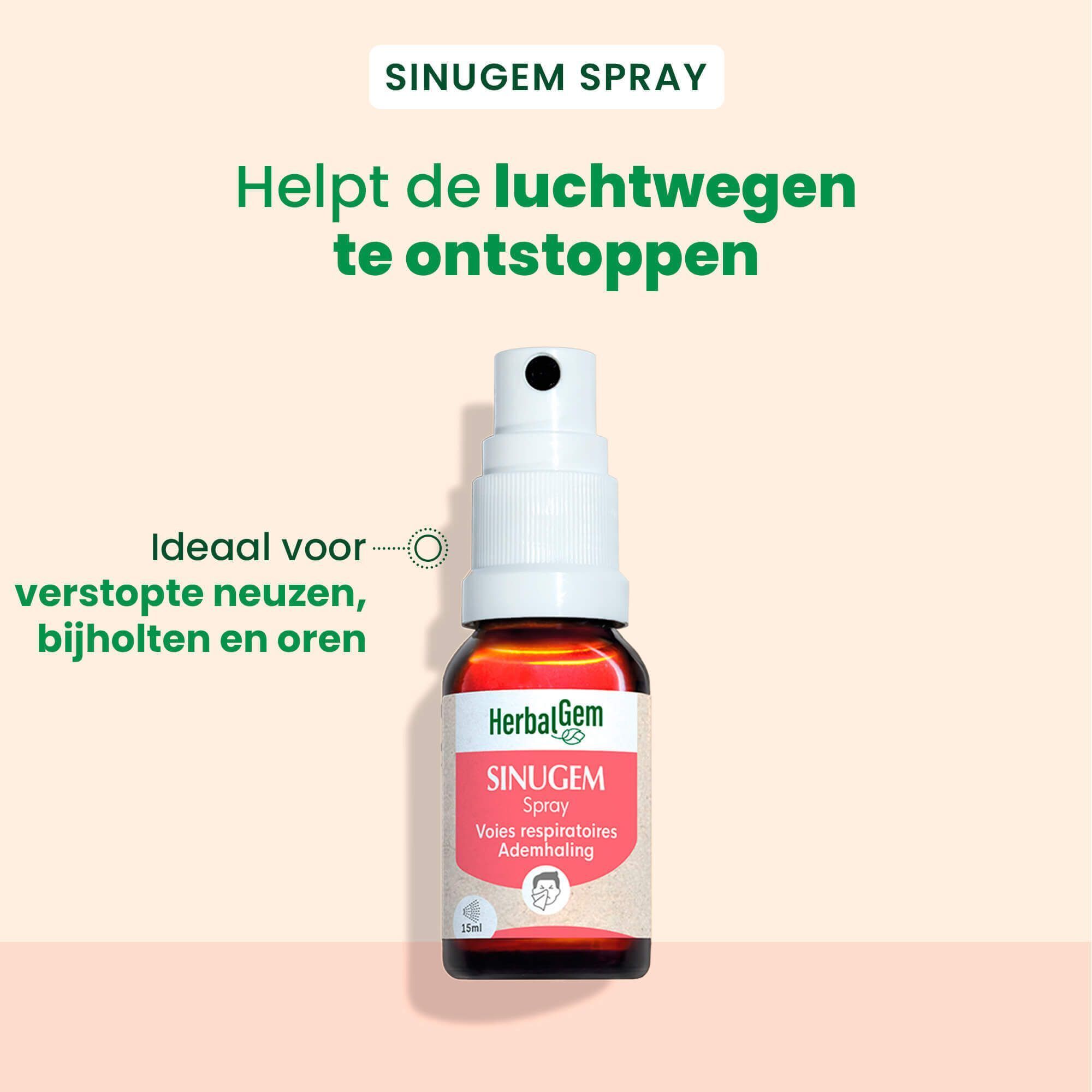 Een flacon HerbalGem Sinugem spray voor de luchtwegen.