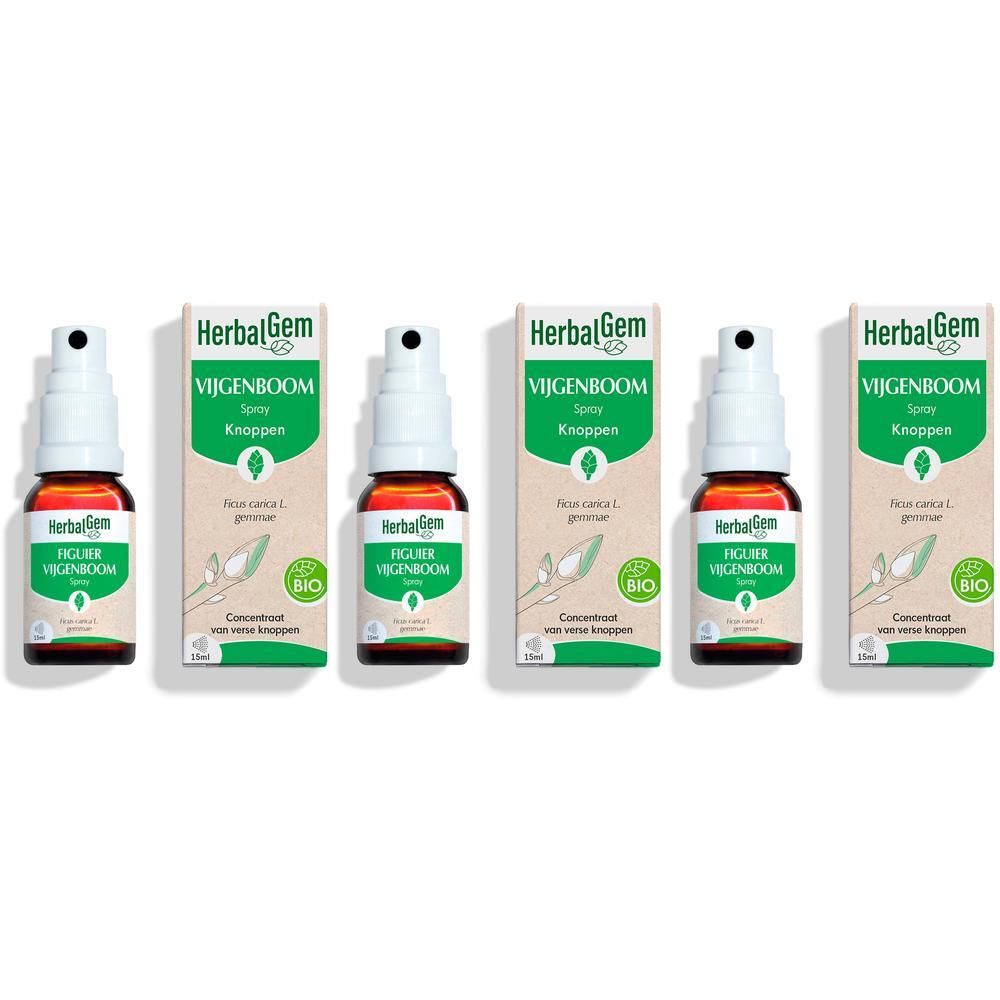 Vijf flacons HerbalGem Vijgenboom Bio Spray met verpakking.
