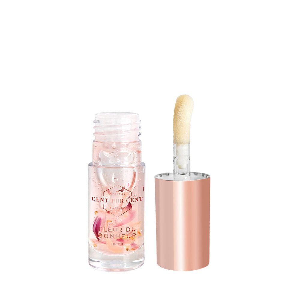 Cent Pur Cent Fleur du Bonheur Lip Oil met applicator, rozenblaadjes in het flesje.
