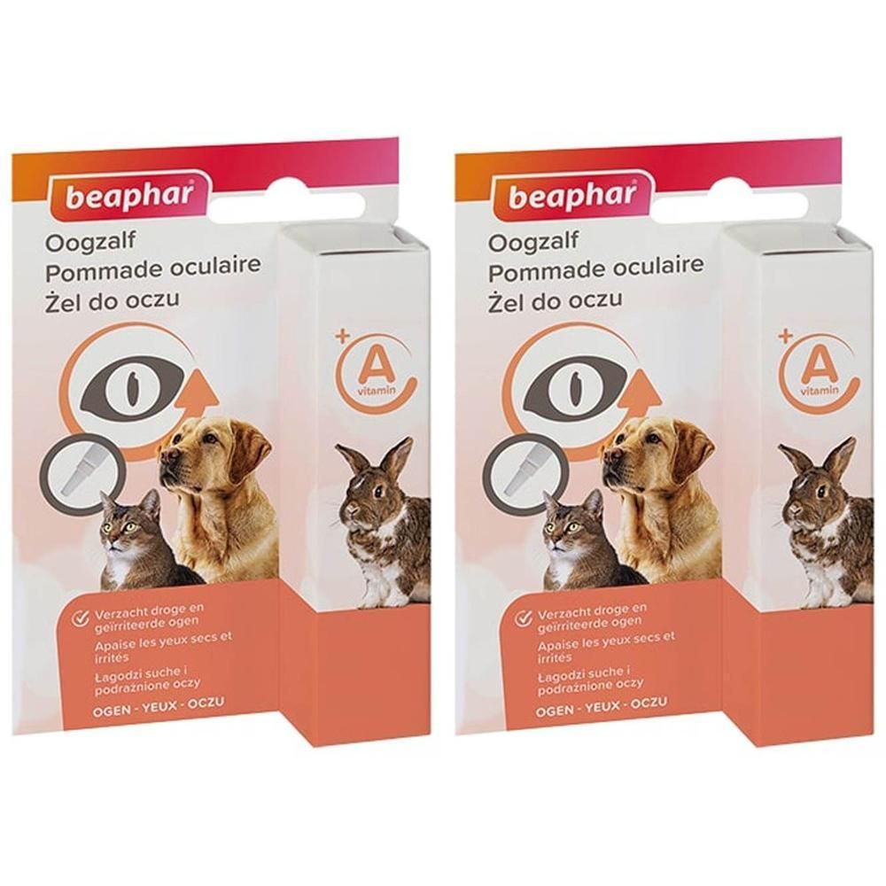 Beaphar Pommade Oculaire: Deux paquets montrant un chat, un chien et un lapin. Contient de la vitamine A.
