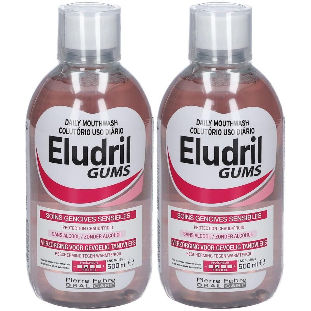 Deux flacons de bain de bouche Eludril Gums pour gencives sensibles, 500 ml.