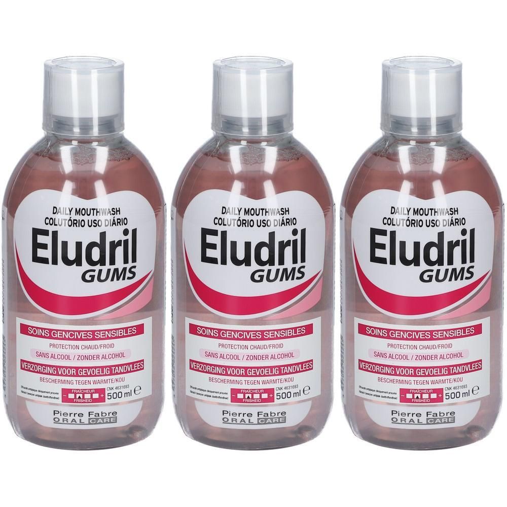 Drie flessen Eludril Gums mondspoeling voor gevoelige tandvlees, 500 ml.