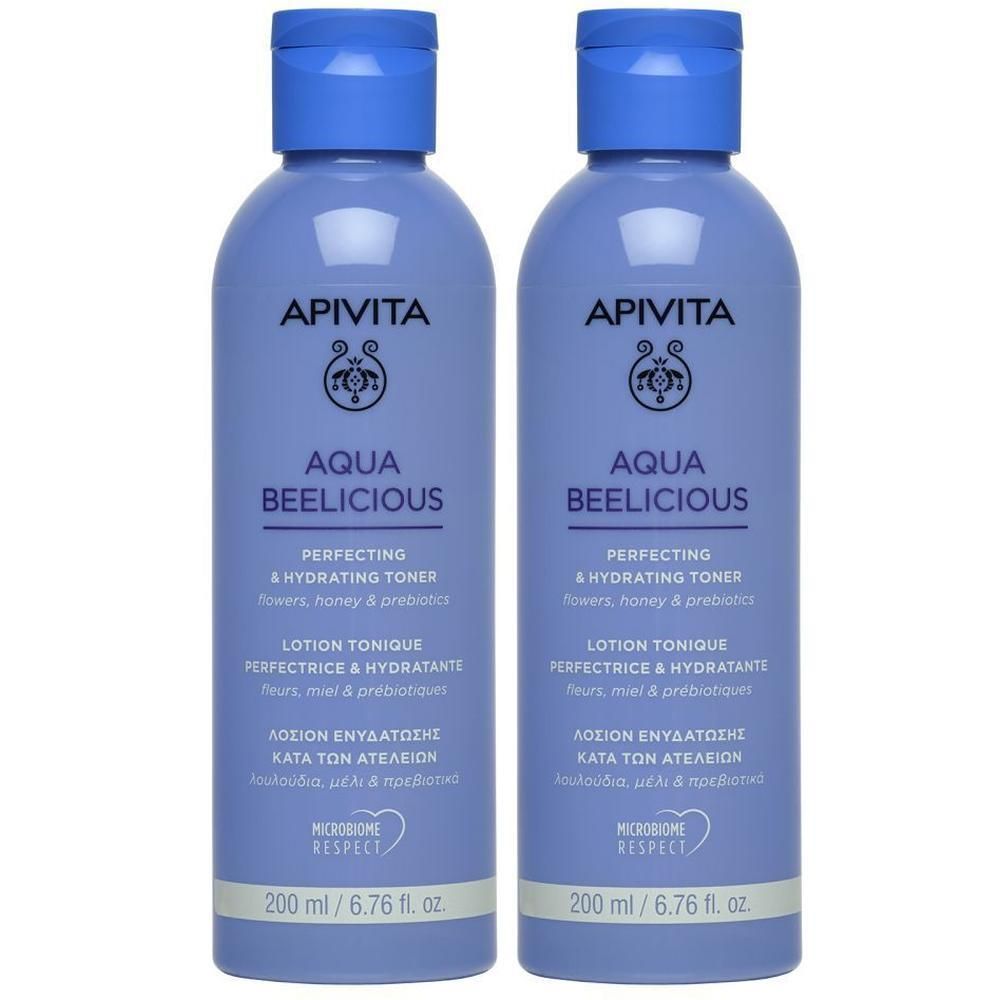 Deux flacons d'Apivita Aqua Beelicious Lotion Tonique Perfectrice & Hydratante, bouchon bleu.
