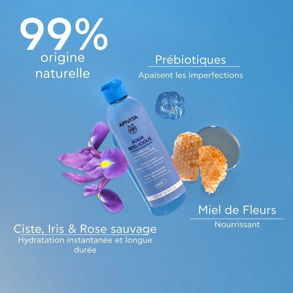 Apivita Aqua Beelicious Lotion Tonique Perfectrice & Hydratante avec iris, rayons de miel et '99% origine naturelle'.